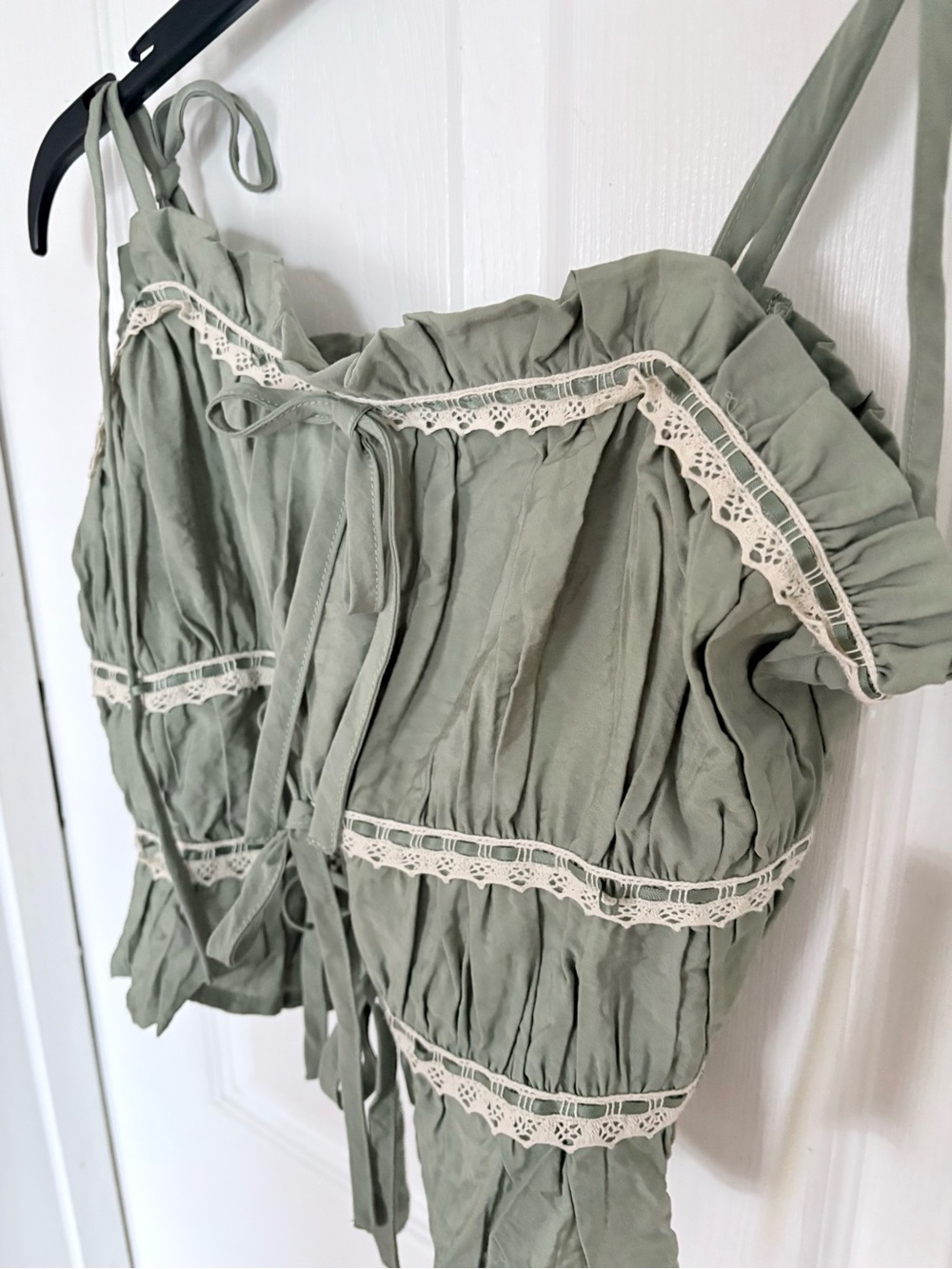 Women's Sage Green Tie-Front Cropped Top with Lace Trim - Picture 2 of 5